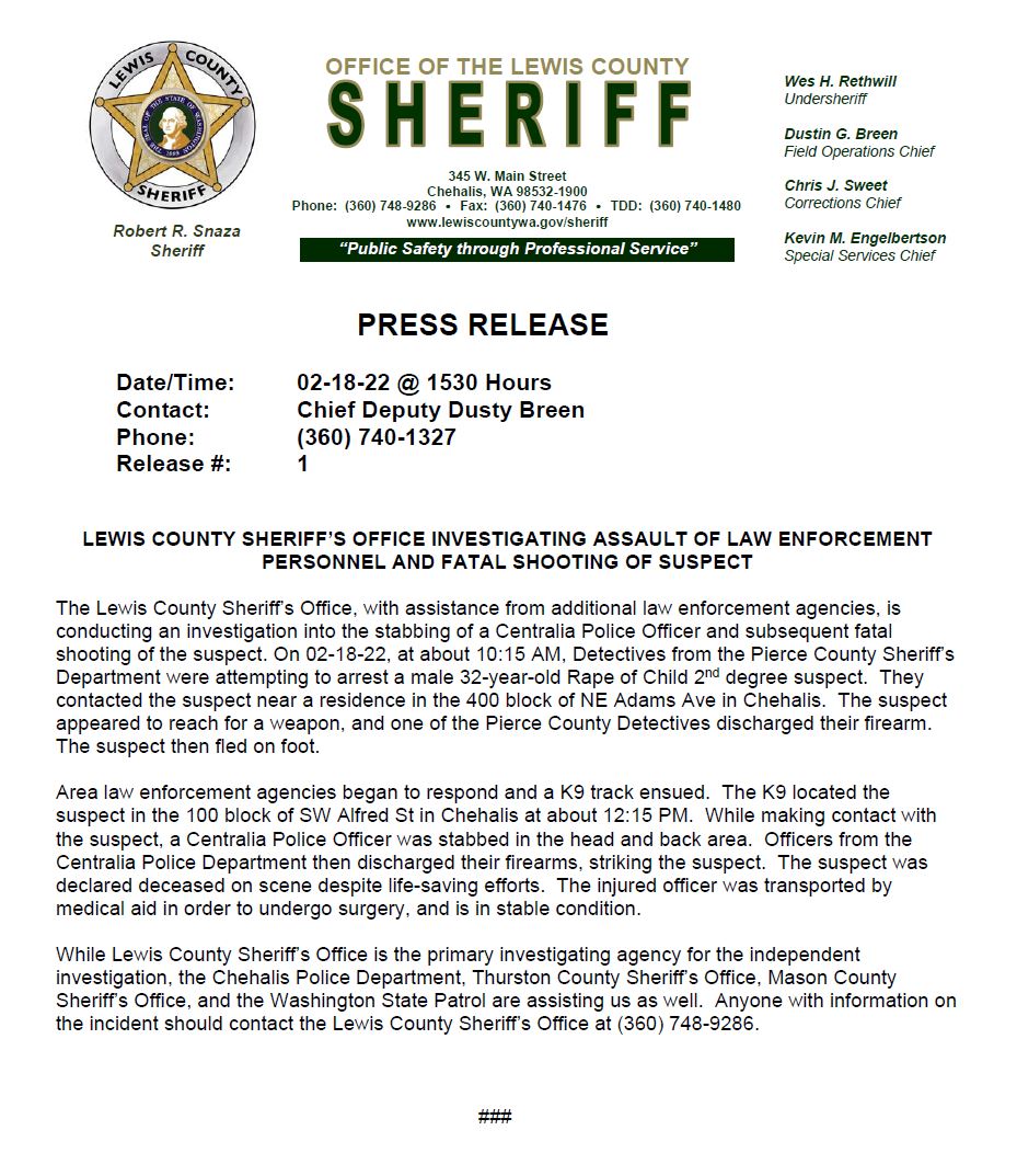 Deputyinvolved shooting in Chehalis Pierce County Sheriff's